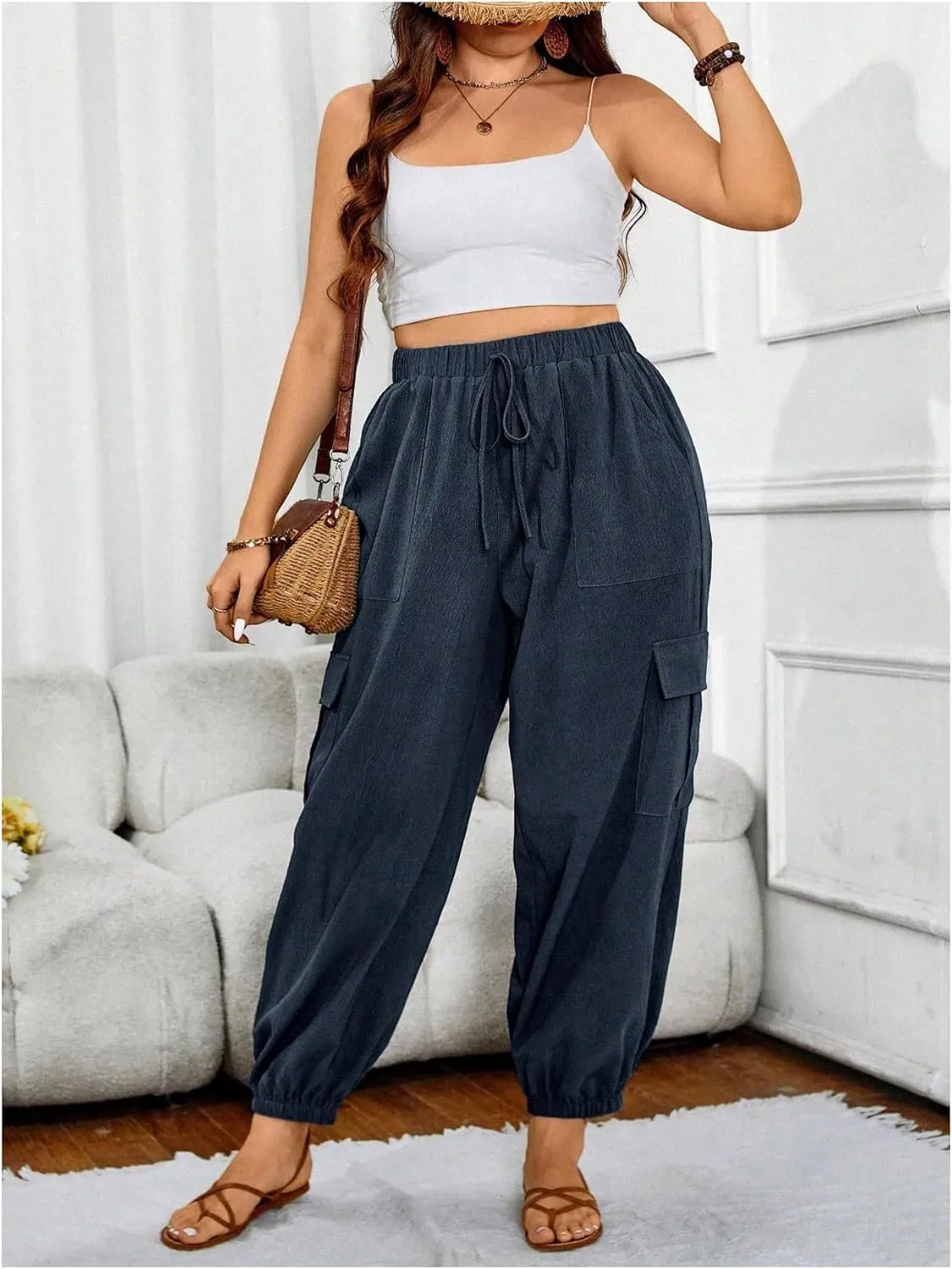 SOLY HUX Women's Plus Size High Waist Cargo Pants Casual Loose Baggy Jogger Pants Trousers Pockets