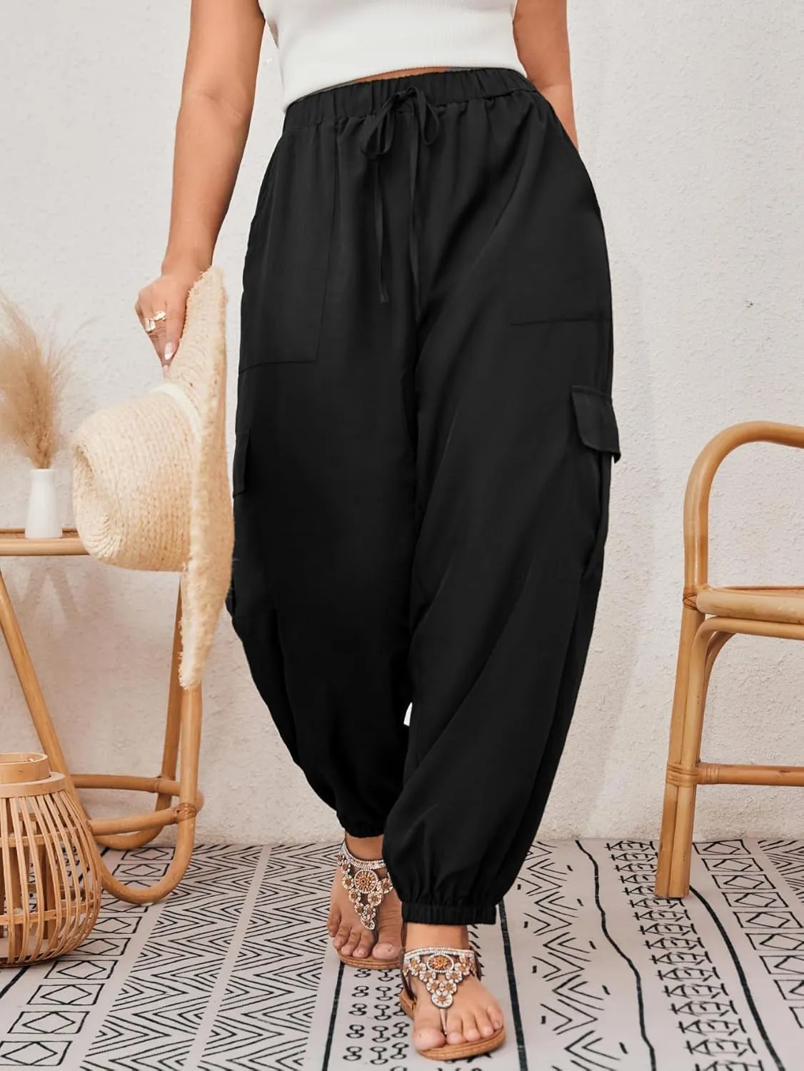 SOLY HUX Women's Plus Size High Waist Cargo Pants Casual Loose Baggy Jogger Pants Trousers Pockets
