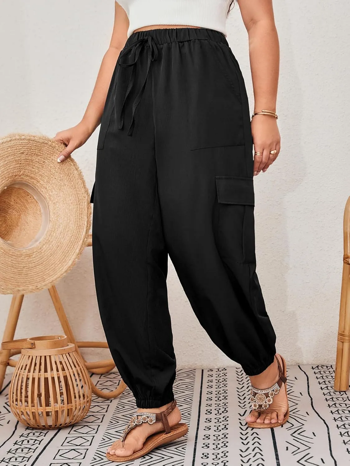 SOLY HUX Women's Plus Size High Waist Cargo Pants Casual Loose Baggy Jogger Pants Trousers Pockets