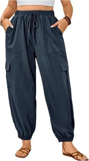 SOLY HUX Women's Plus Size High Waist Cargo Pants Casual Loose Baggy Jogger Pants Trousers Pockets