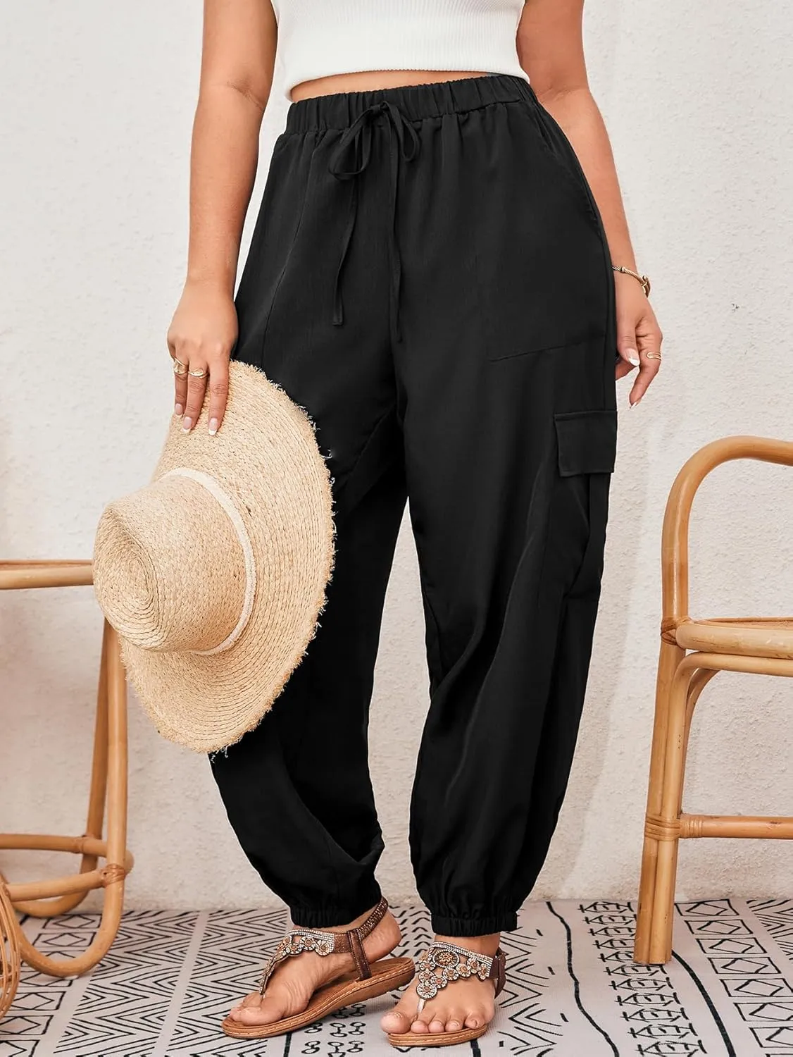 SOLY HUX Women's Plus Size High Waist Cargo Pants Casual Loose Baggy Jogger Pants Trousers Pockets