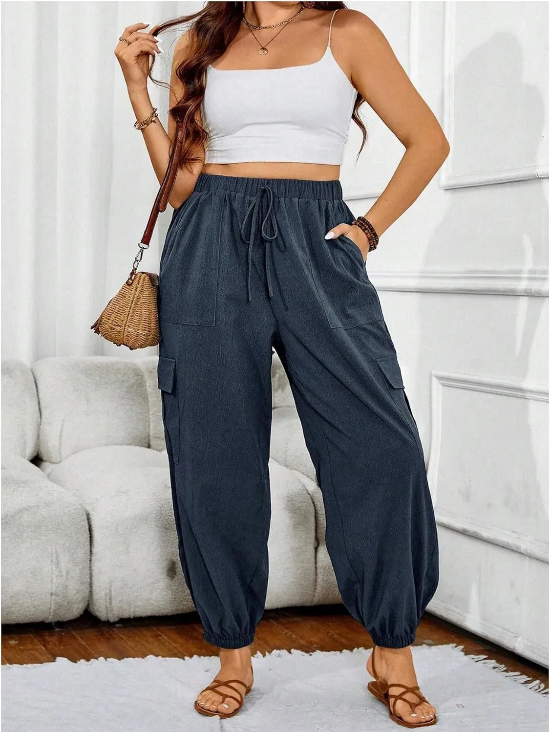 SOLY HUX Women's Plus Size High Waist Cargo Pants Casual Loose Baggy Jogger Pants Trousers Pockets