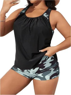 SOLY HUX Women's Plus Size Tankini Set Floral Print Tops and Shorts Bikini Bathing Suits 2 Piece Swimsuit
