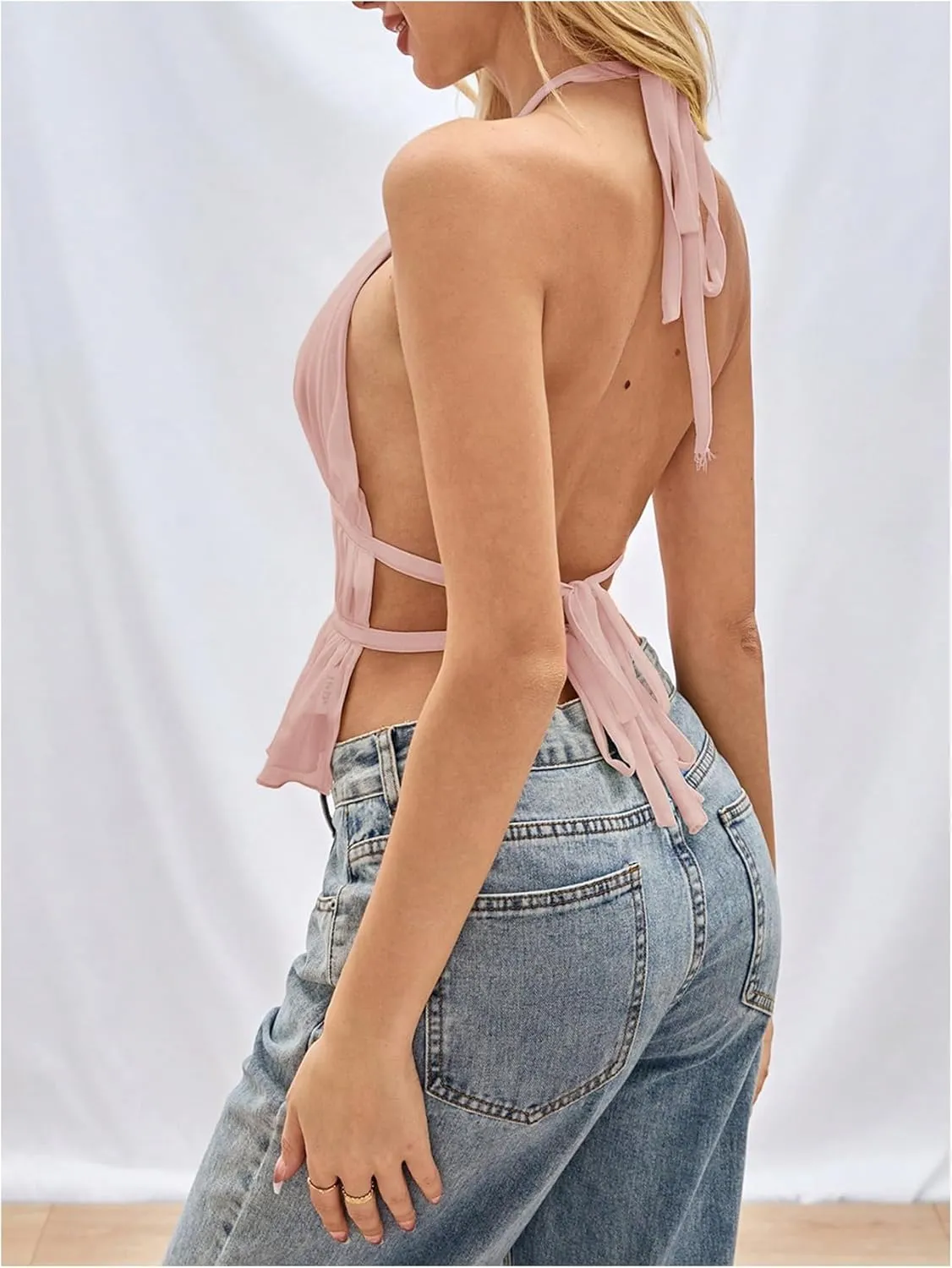 SOLY HUX Women's Ruffle Halter Neck Camisole Sleeveless Open Back Cute Party Going Out Tops