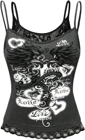 SOLY HUX Women's Y2k Gothic Graphic Cami Top Lace Trim Spaghetti Strap Camisole Crop Tops