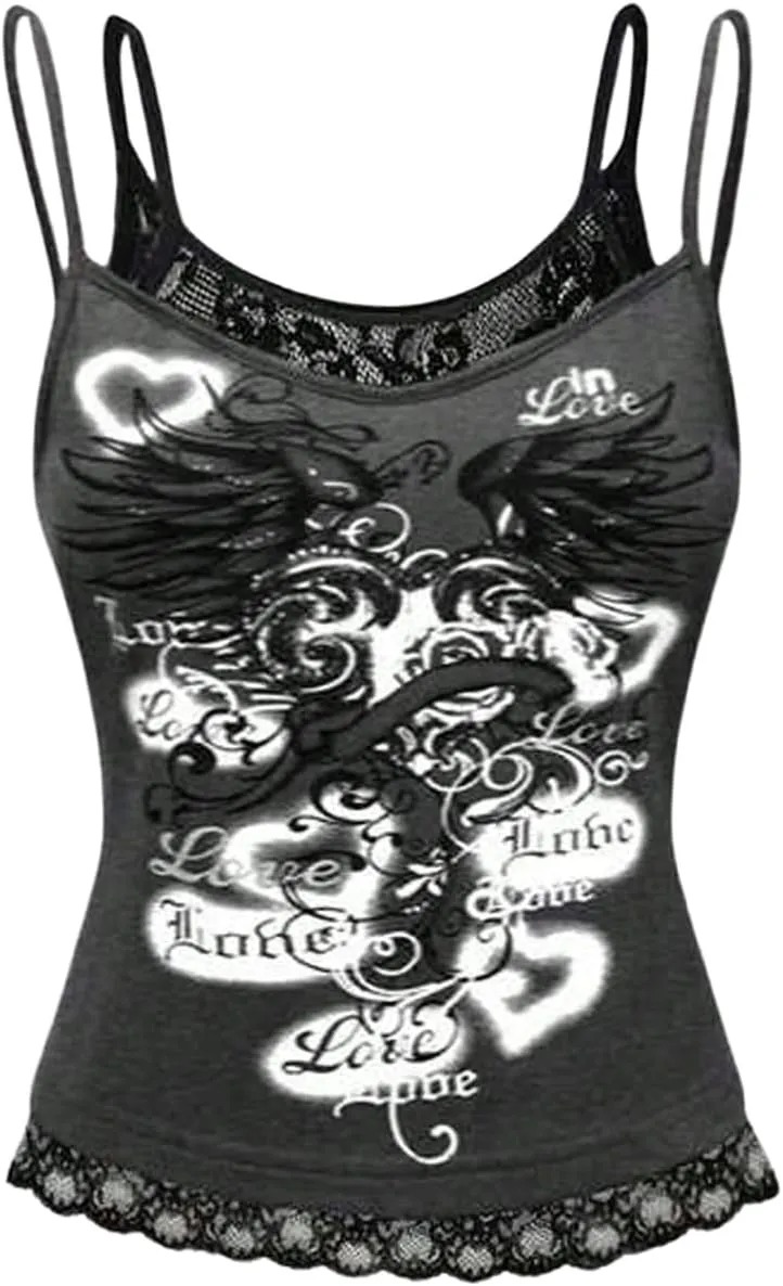 SOLY HUX Women's Y2k Gothic Graphic Cami Top Lace Trim Spaghetti Strap Camisole Crop Tops