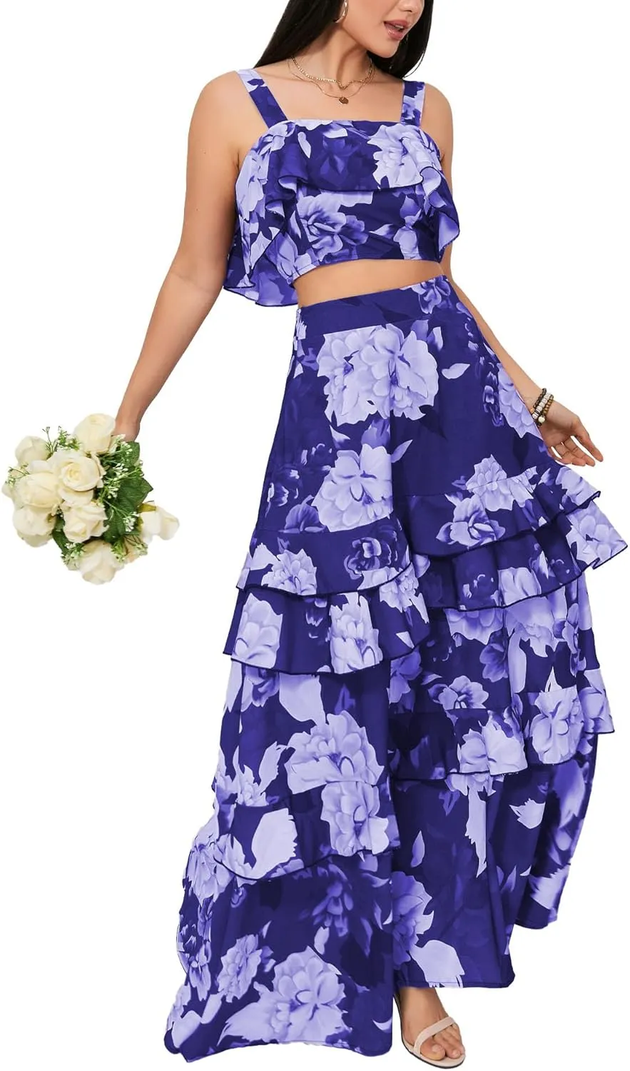 SOMTHRON Women's Summer 2 Piece Outfits Floral Print Strap Crop Tops Tiered Ruffle Skirt Sets Maxi Long Dress
