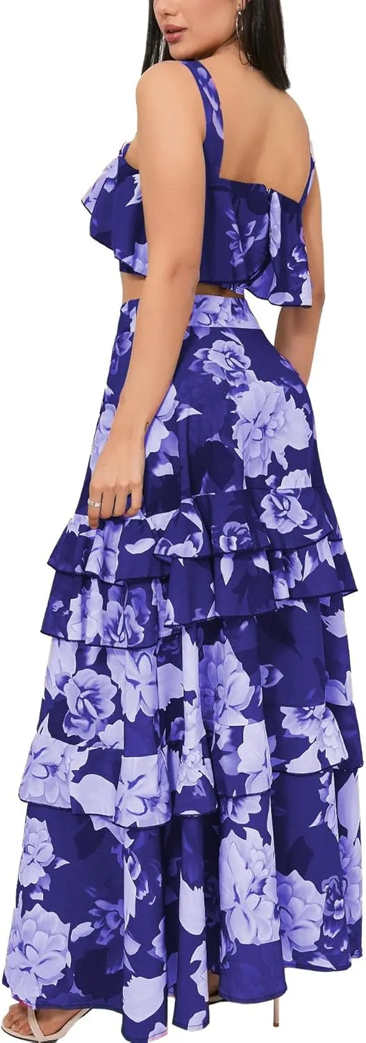 SOMTHRON Women's Summer 2 Piece Outfits Floral Print Strap Crop Tops Tiered Ruffle Skirt Sets Maxi Long Dress