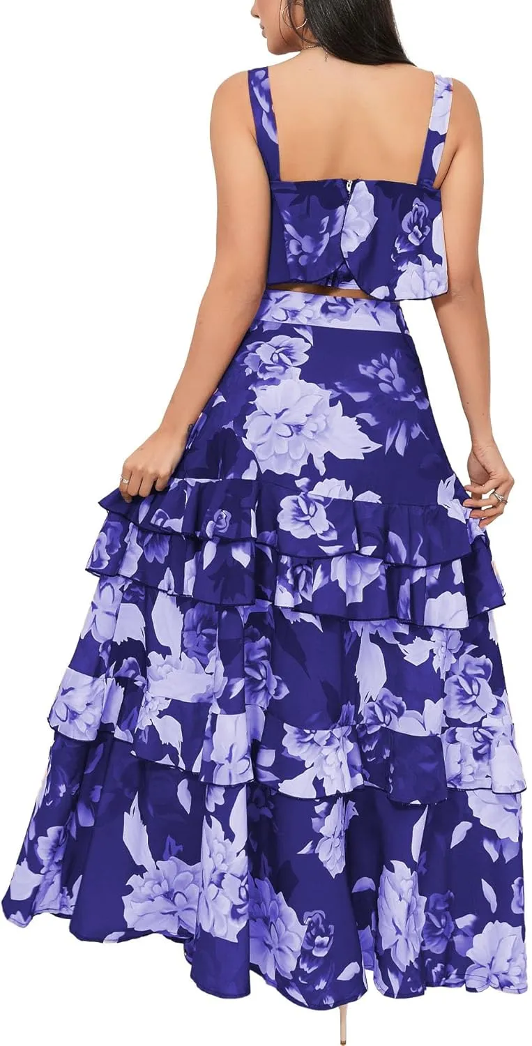 SOMTHRON Women's Summer 2 Piece Outfits Floral Print Strap Crop Tops Tiered Ruffle Skirt Sets Maxi Long Dress