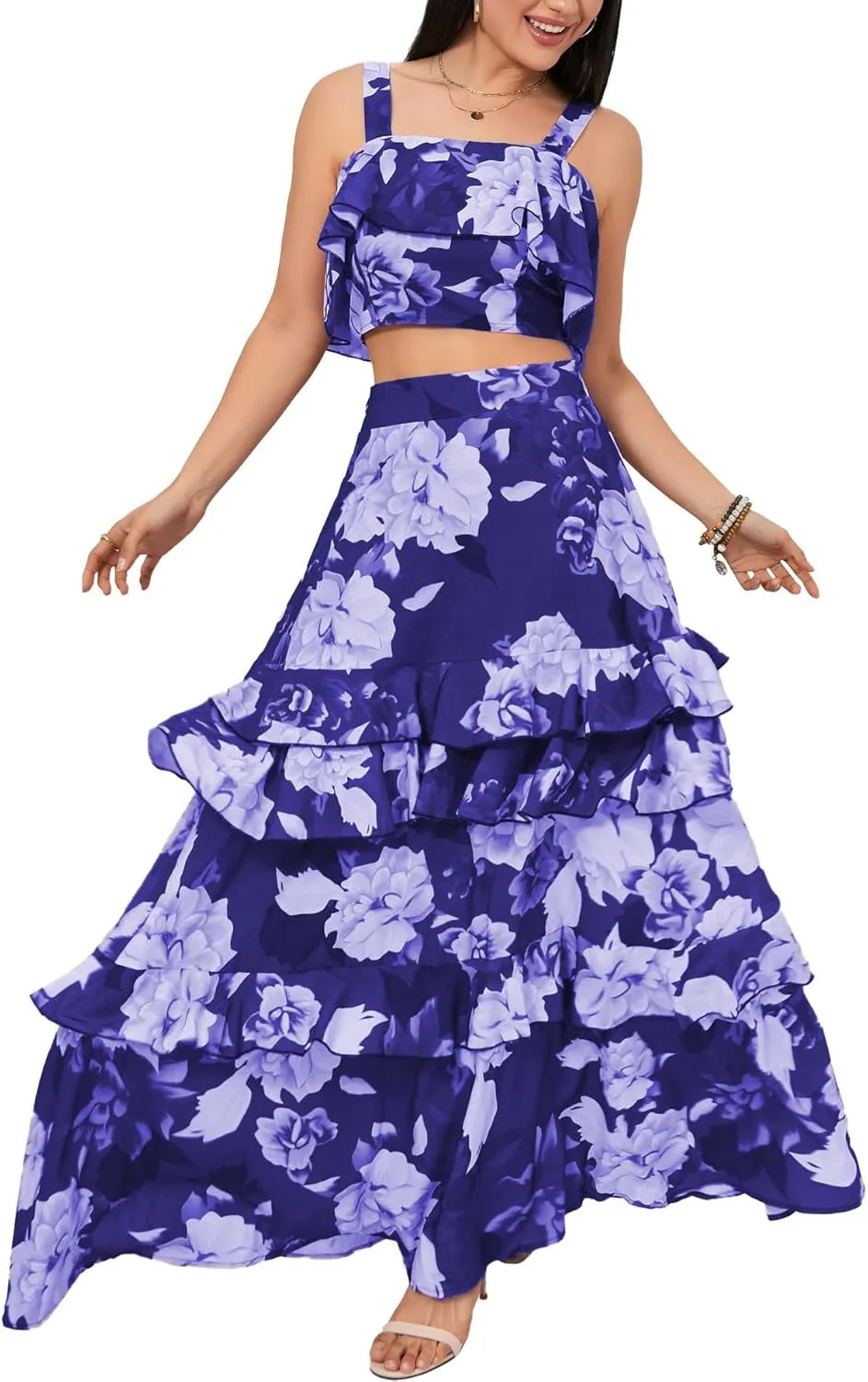 SOMTHRON Women's Summer 2 Piece Outfits Floral Print Strap Crop Tops Tiered Ruffle Skirt Sets Maxi Long Dress