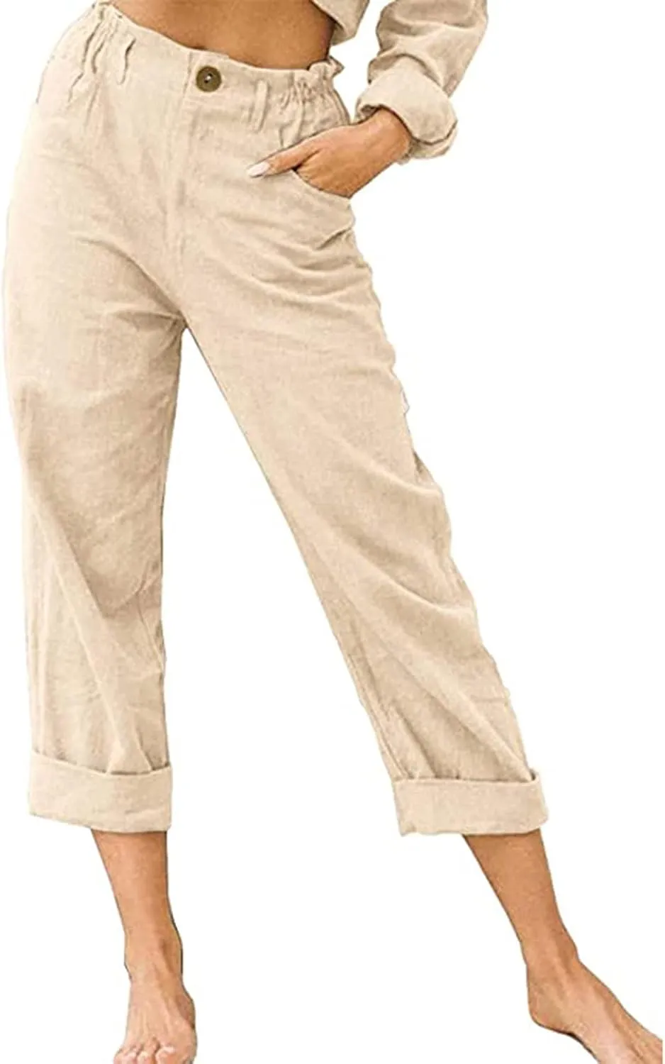 Spring Pants for Women 2023 Casual Straight Leg Elastic Waist Cropped Lounge Pant Trousers with Pockets