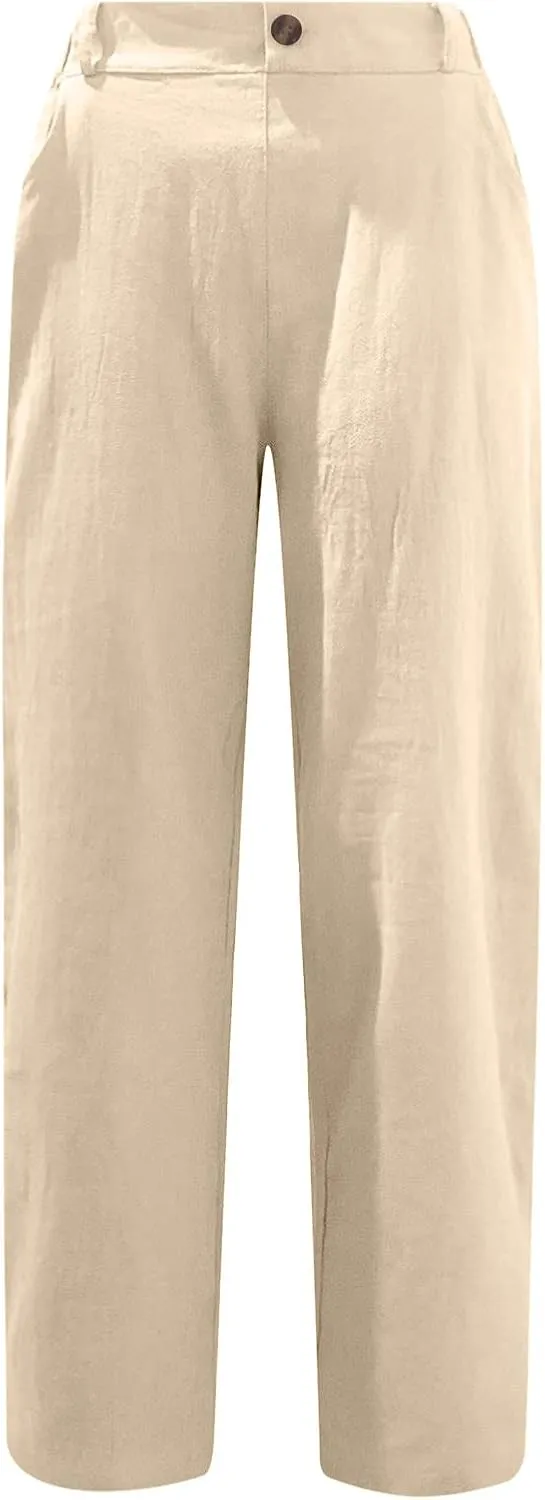 Spring Pants for Women 2023 Casual Straight Leg Elastic Waist Cropped Lounge Pant Trousers with Pockets