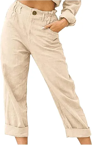 Spring Pants for Women 2023 Casual Straight Leg Elastic Waist Cropped Lounge Pant Trousers with Pockets