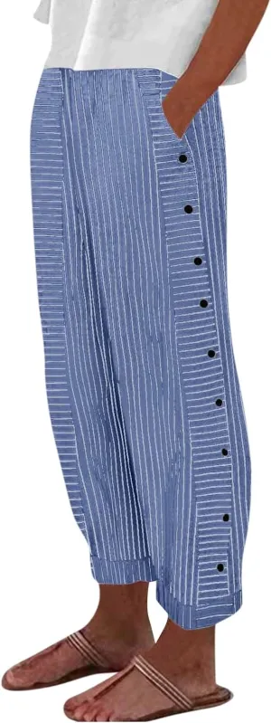 Striped Linen Pants Women Casual High Waisted Wide Leg Cropped Pants Summer Beach Gauze Capri Trousers with Pockets