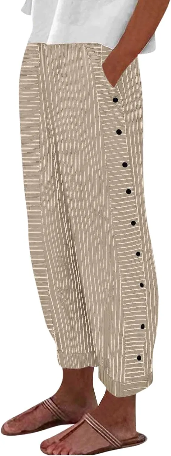 Striped Linen Pants Women Elastic High Waisted Cropped Pants Side Button Summer Vacation Capri Pants with Pockets