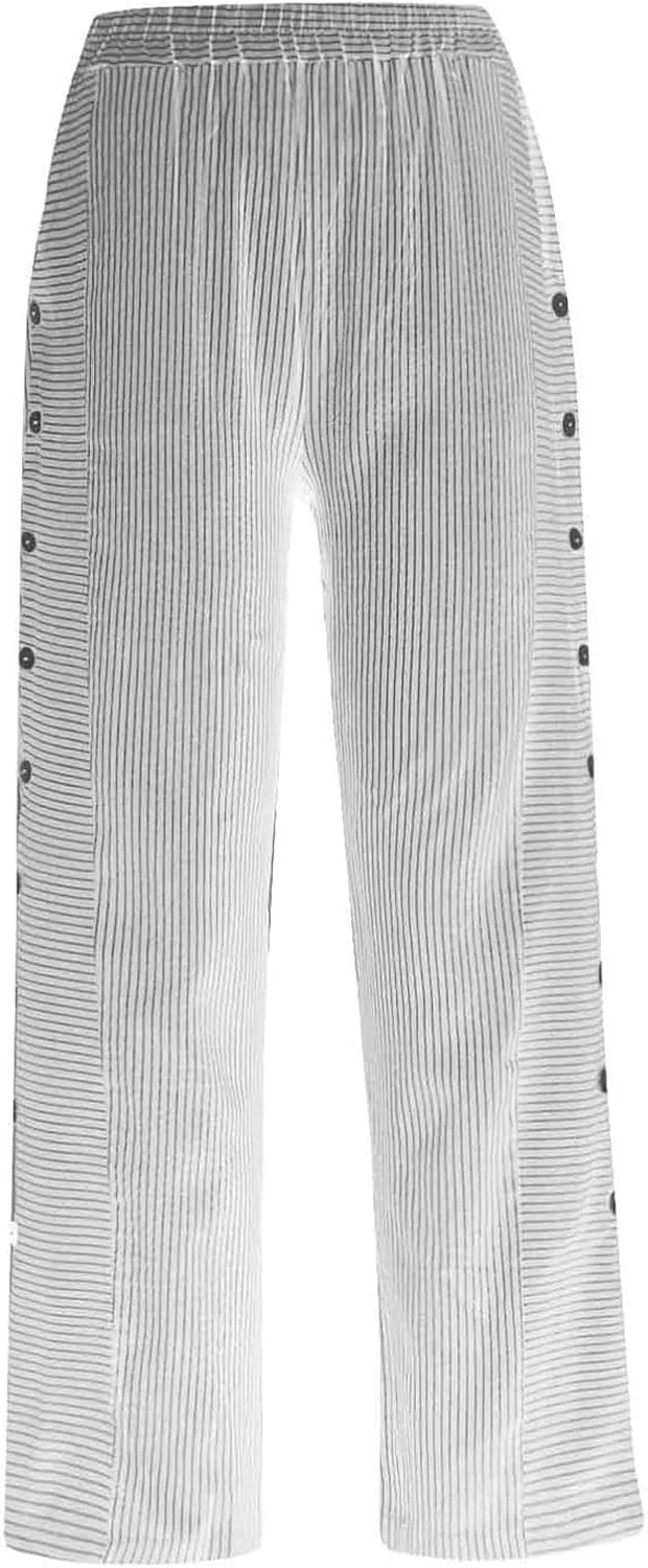 Summer Beach Pants for Women Casual Stiped Drawstring Pants with Pockets Button Side Design Wide Leg Linen Pants for Women
