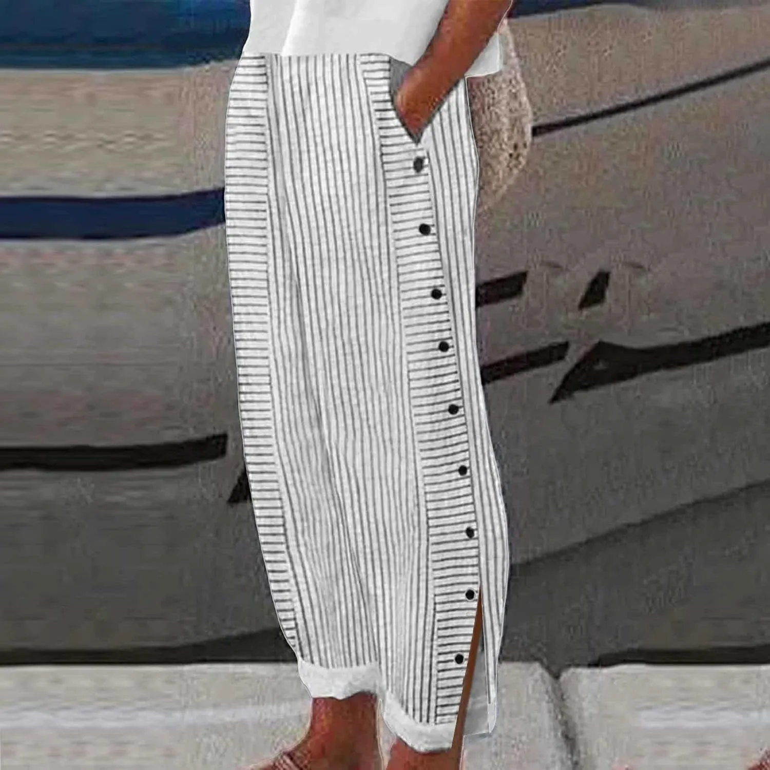 Summer Beach Pants for Women Casual Stiped Drawstring Pants with Pockets Button Side Design Wide Leg Linen Pants for Women