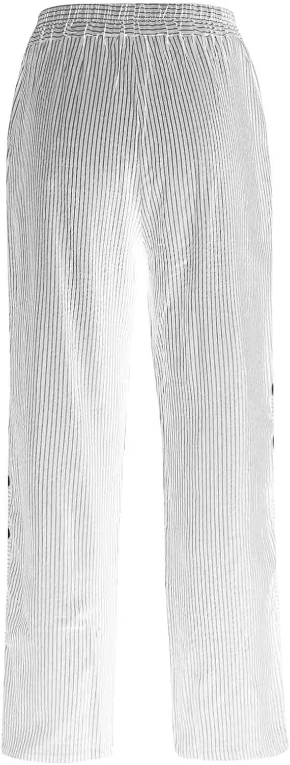Summer Beach Pants for Women Casual Stiped Drawstring Pants with Pockets Button Side Design Wide Leg Linen Pants for Women