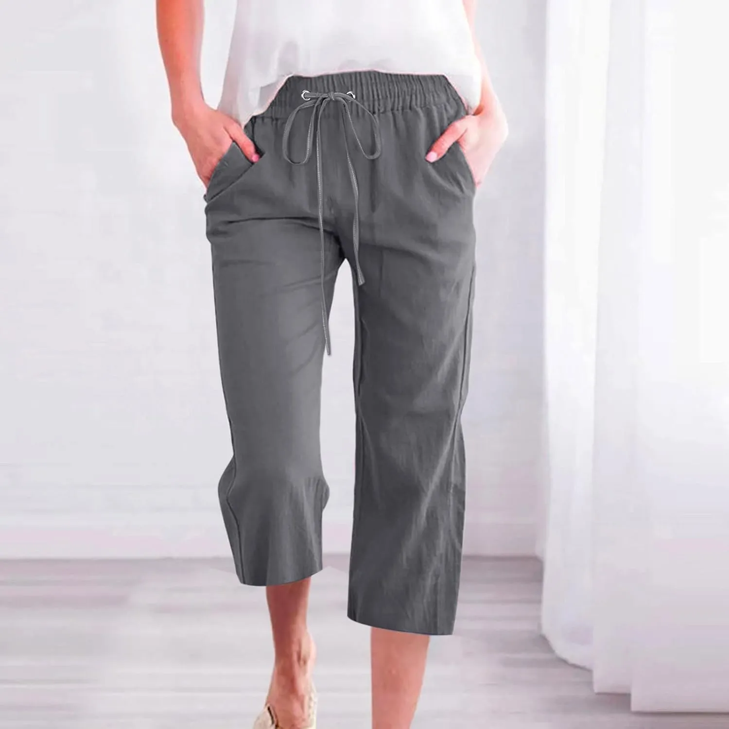 Summer Capri Pants for Women 2025 Drawstring Elastic Trousers Comfy Straight Leg Long Linen Lounge Beach Summer