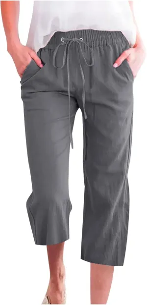 Summer Capri Pants for Women 2025 Drawstring Elastic Trousers Comfy Straight Leg Long Linen Lounge Beach Summer