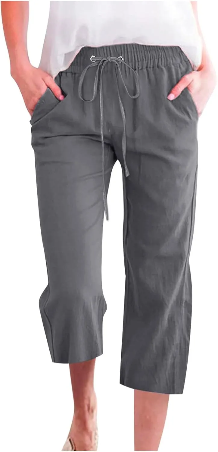 Summer Capri Pants for Women 2025 Drawstring Elastic Trousers Comfy Straight Leg Long Linen Lounge Beach Summer