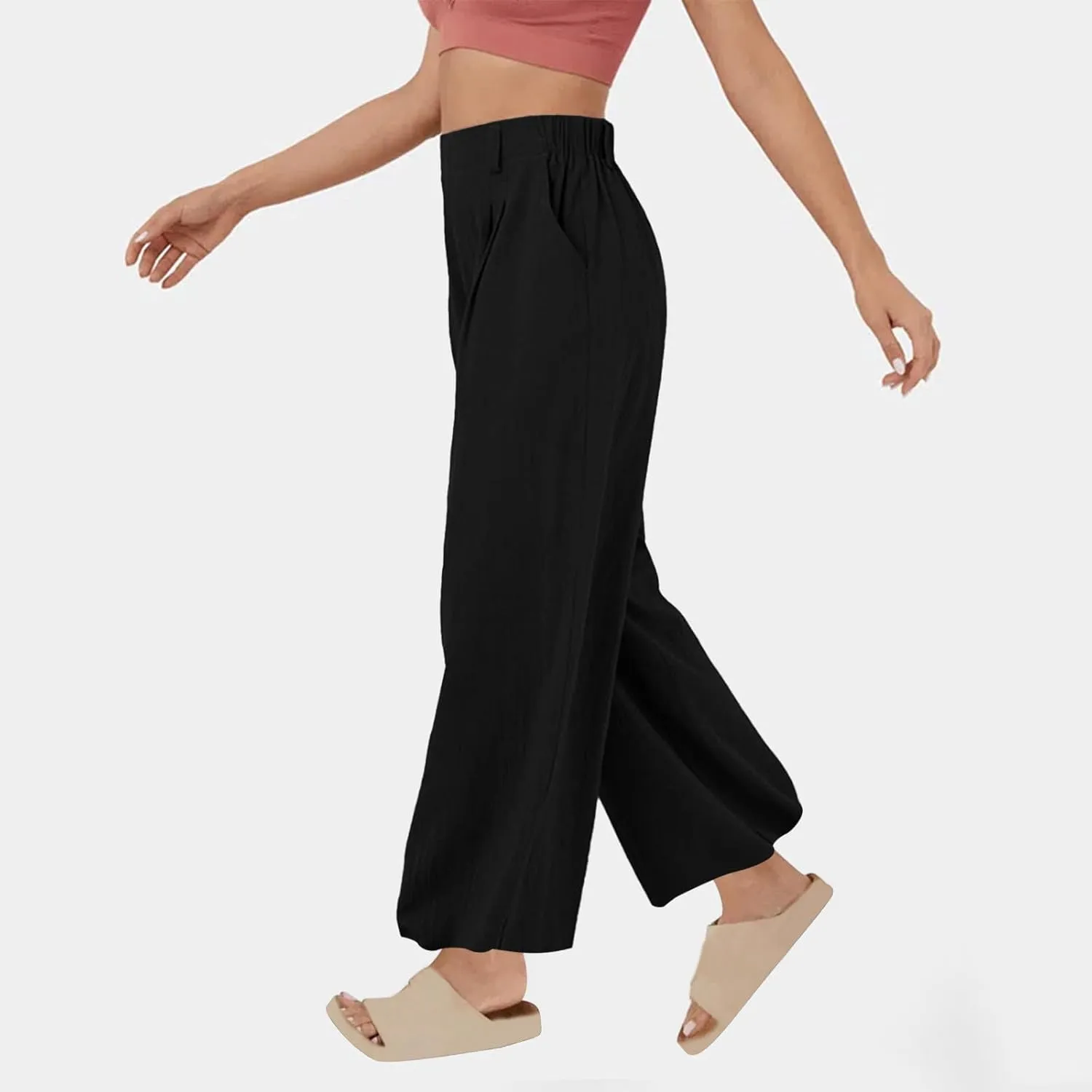 Summer Cotton Linen Pants for Women Loose Fit Wide Leg Trousers High Waist Flowy Beach Palazzo Pants with Pocket
