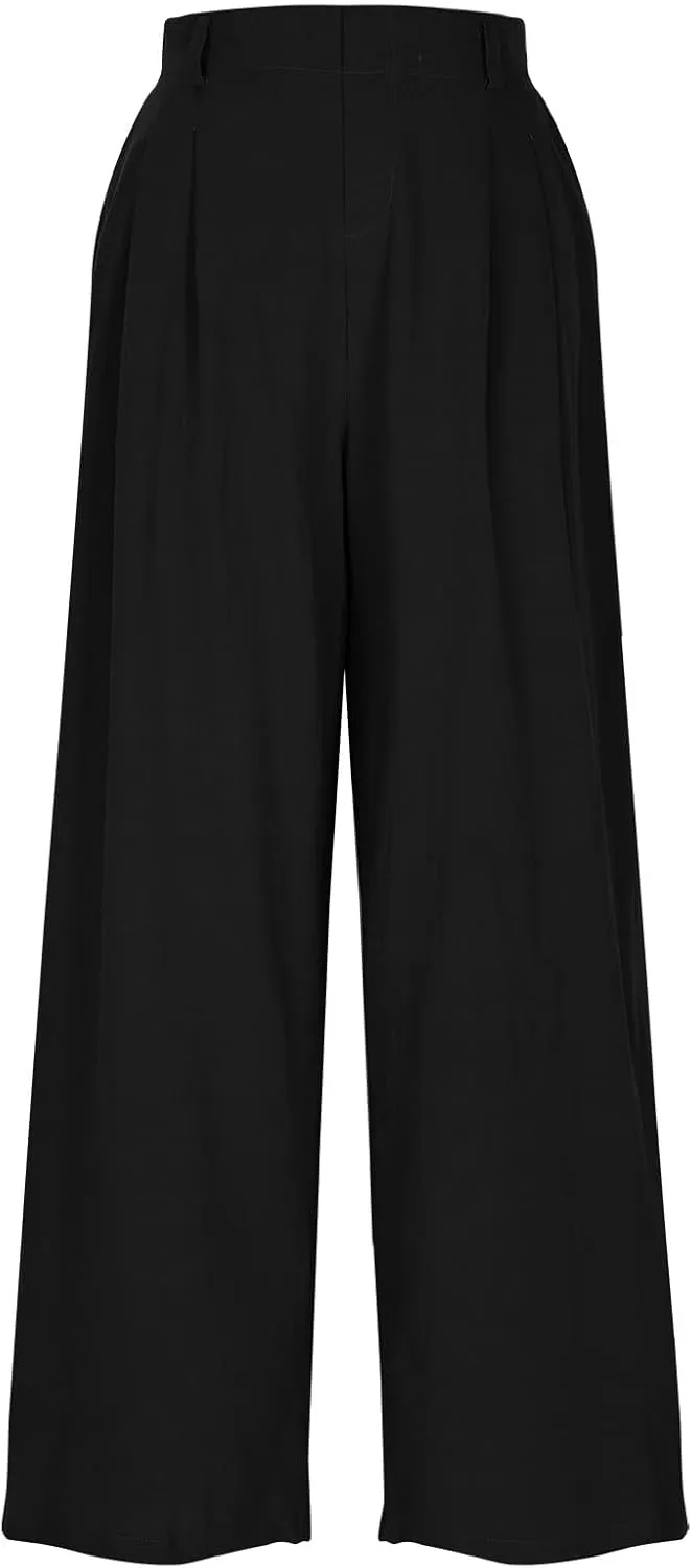 Summer Cotton Linen Pants for Women Loose Fit Wide Leg Trousers High Waist Flowy Beach Palazzo Pants with Pocket