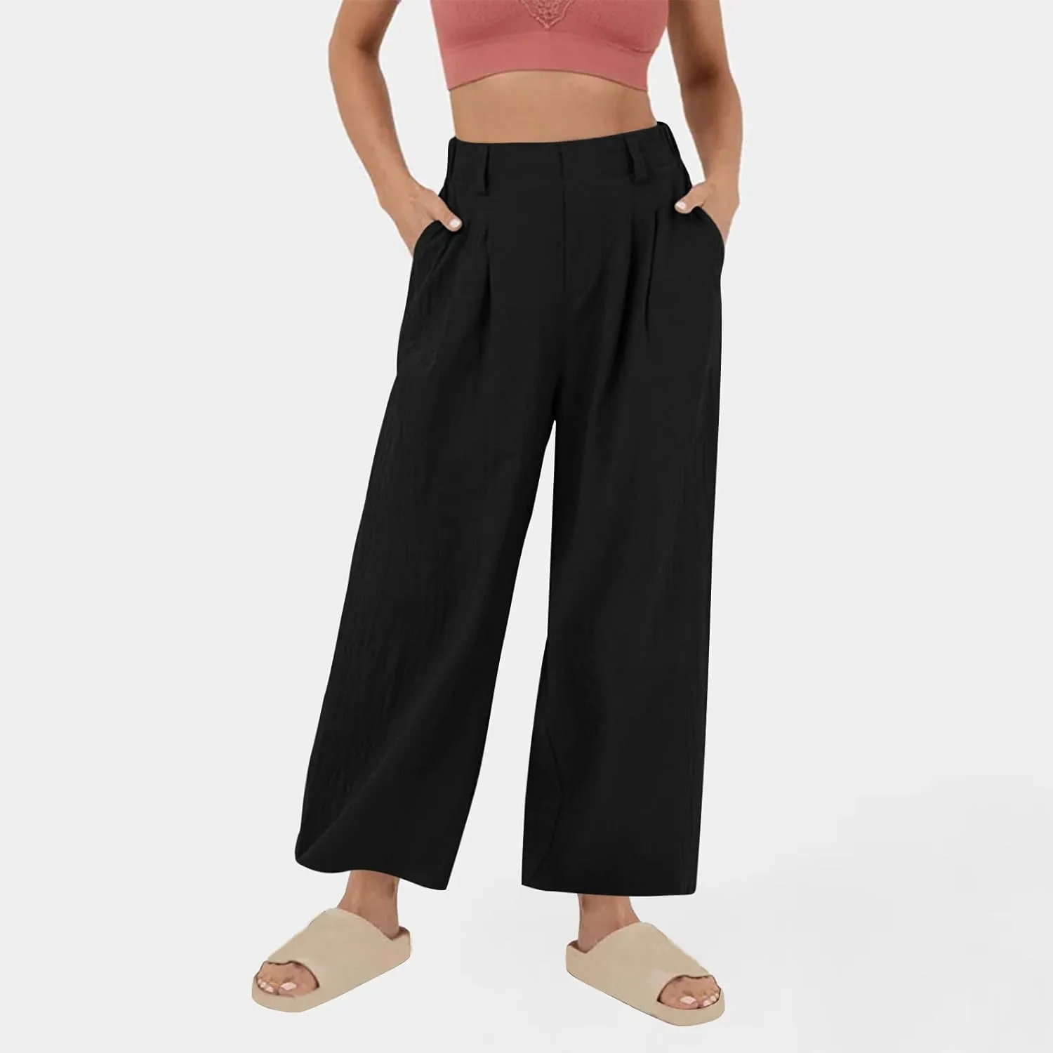 Summer Cotton Linen Pants for Women Loose Fit Wide Leg Trousers High Waist Flowy Beach Palazzo Pants with Pocket