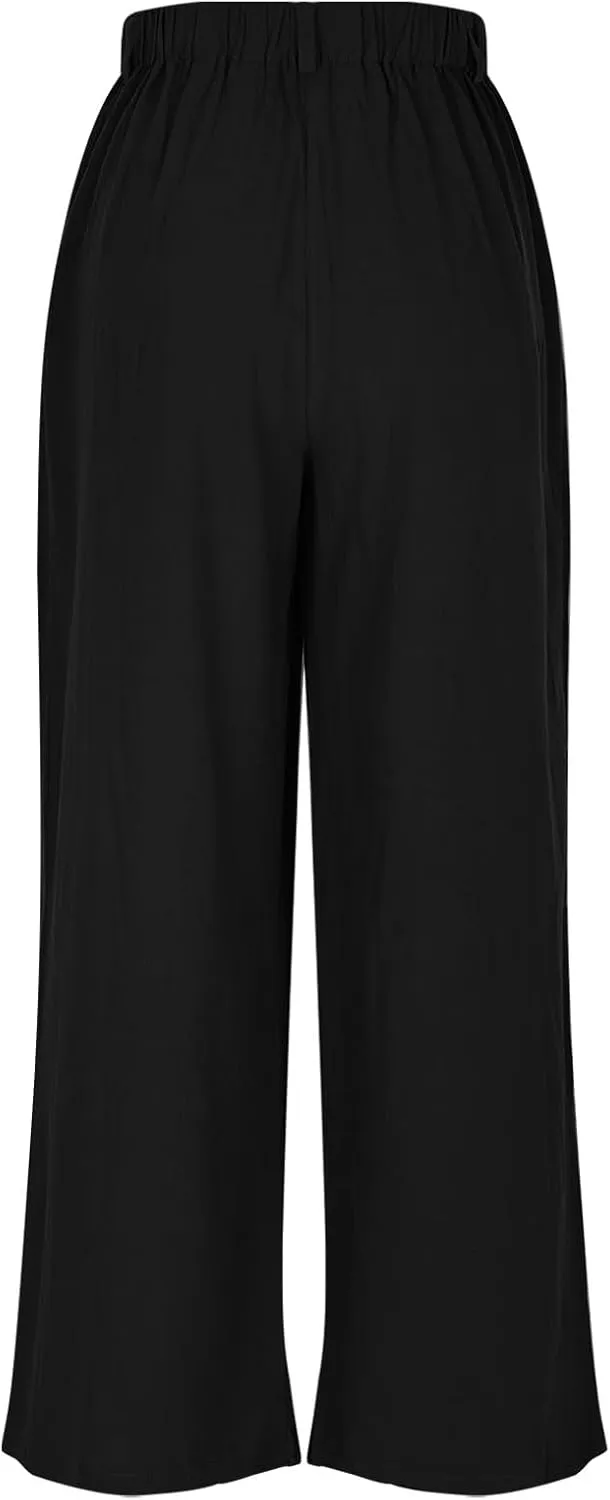 Summer Cotton Linen Pants for Women Loose Fit Wide Leg Trousers High Waist Flowy Beach Palazzo Pants with Pocket