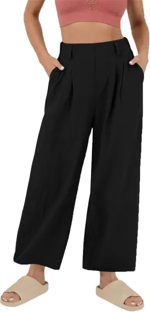 Summer Cotton Linen Pants for Women Loose Fit Wide Leg Trousers High Waist Flowy Beach Palazzo Pants with Pocket
