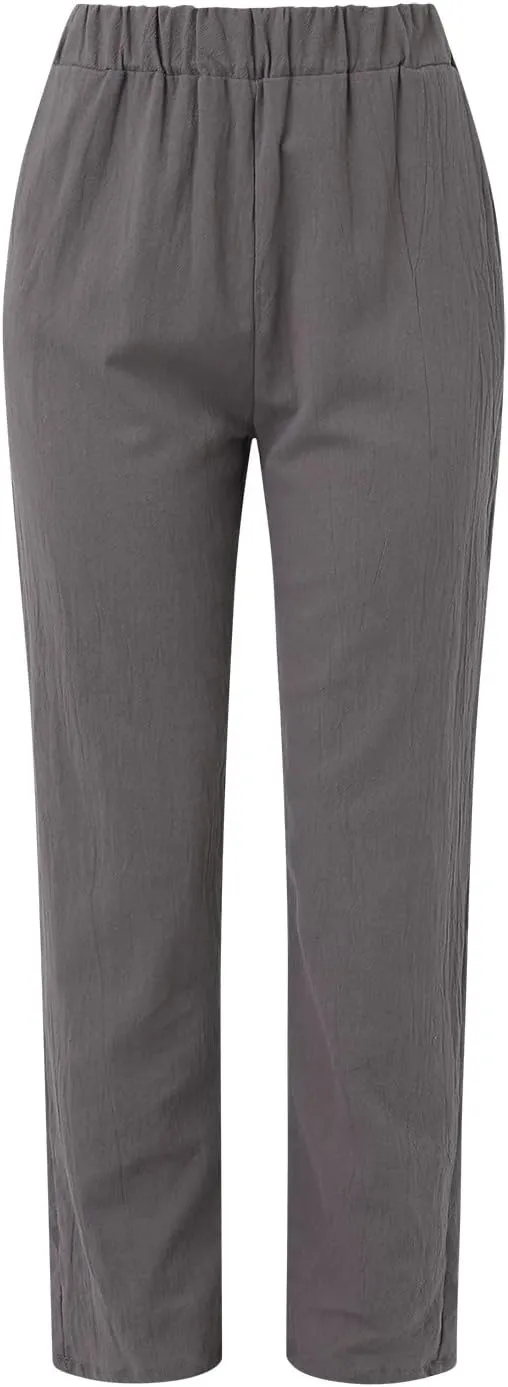 Summer Pants for Women 2024 Plus Size Linen Cotton Solid Lightweight Elastic Waist Casual Loose Comfy Trousers with Pockets