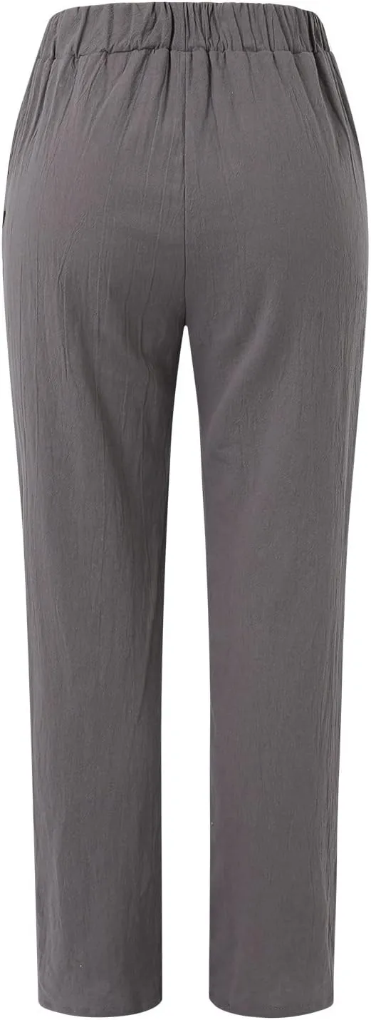 Summer Pants for Women 2024 Plus Size Linen Cotton Solid Lightweight Elastic Waist Casual Loose Comfy Trousers with Pockets
