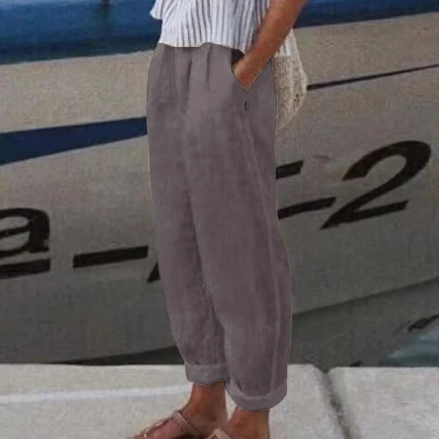Summer Pants for Women 2024 Plus Size Linen Cotton Solid Lightweight Elastic Waist Casual Loose Comfy Trousers with Pockets