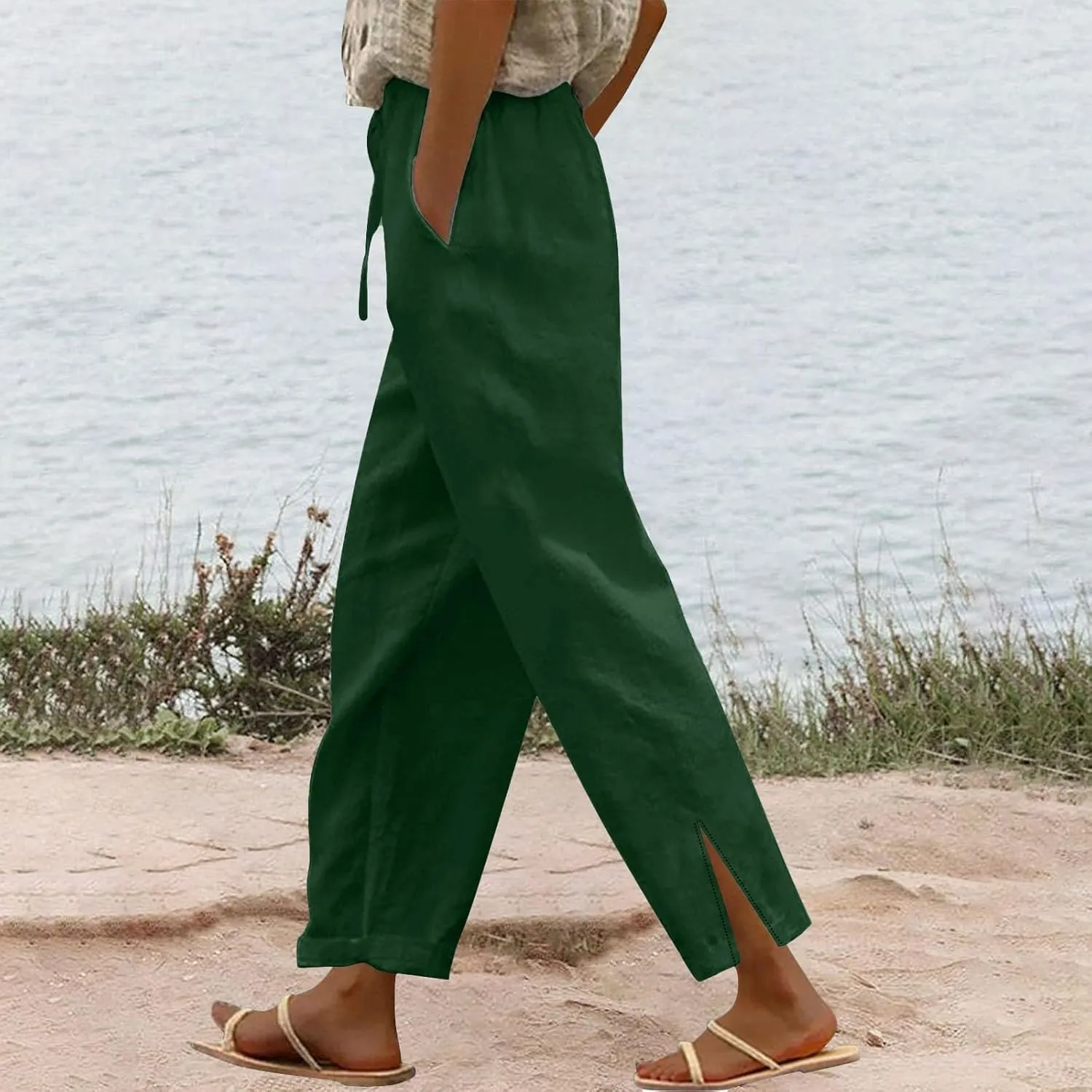 Summer Pants for Women 2025 Vacation Casual Loose High Elastic Waist Lightweight Beach Travel Cotton Linen Pants