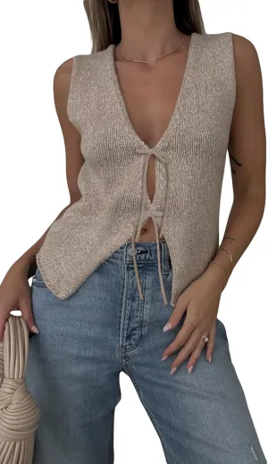 Sunloudy Women Knit Vest Tops Sleeveless Tie Front Crochet Vest V Neck Vintage Crop Sweater Tank Going Out Streetwear