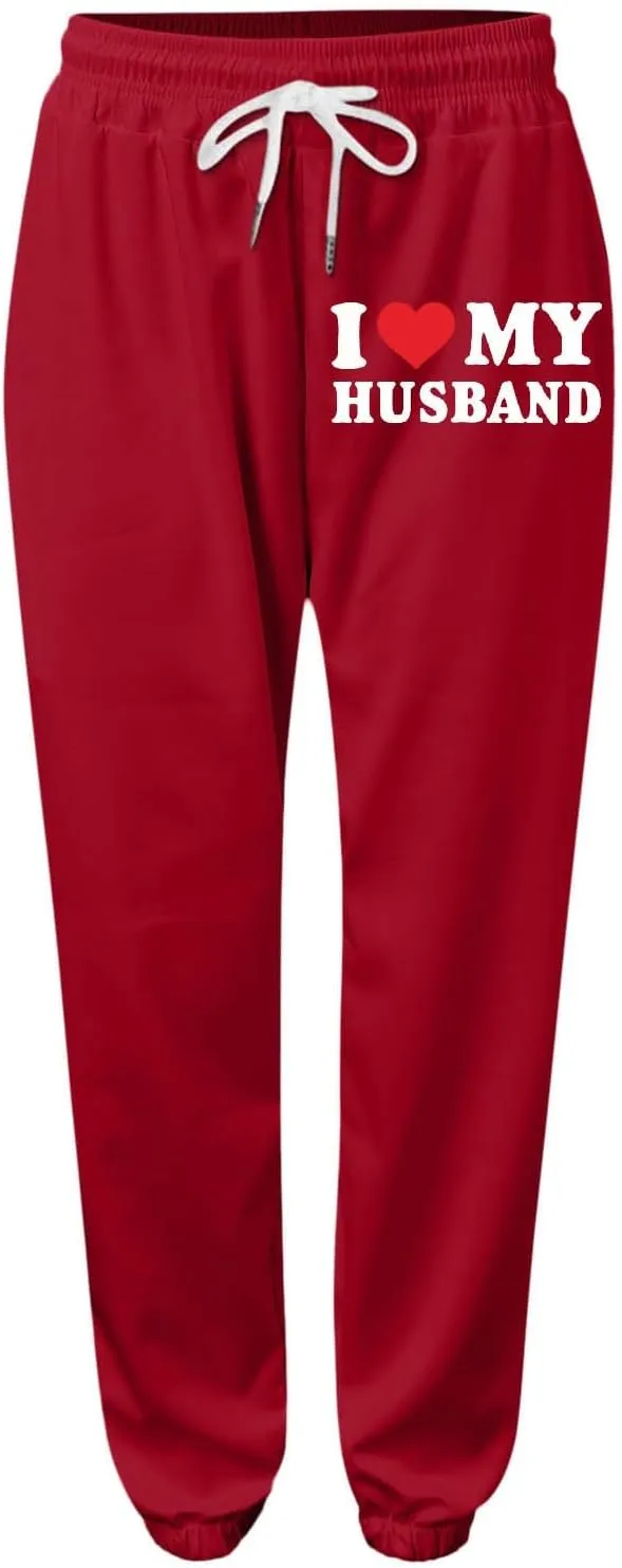 Sweatpants for Tall Women I Love My Husband Letter Print Drawstring Lounge Jogger Pants High Waist Baggy Trousers with Pocket