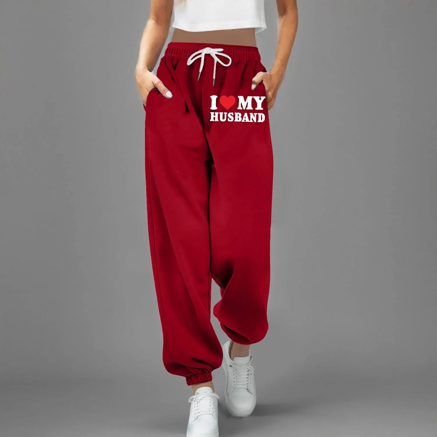 Sweatpants for Tall Women I Love My Husband Letter Print Drawstring Lounge Jogger Pants High Waist Baggy Trousers with Pocket