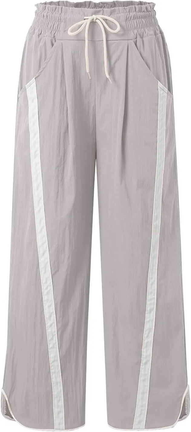 Sweatpants Women Stripe Plus Size Drawstring High Waist Casual Palazzo Pants Straight Wide Leg Trousers with Pocket