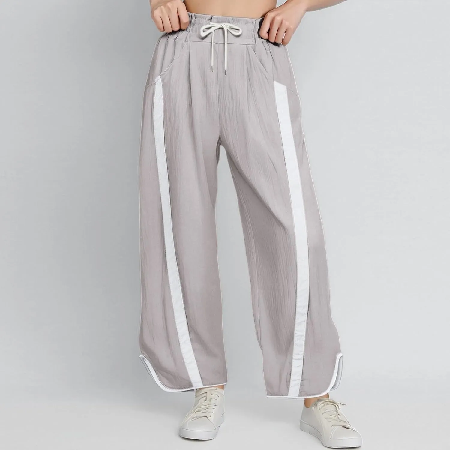 Sweatpants Women Stripe Plus Size Drawstring High Waist Casual Palazzo Pants Straight Wide Leg Trousers with Pocket