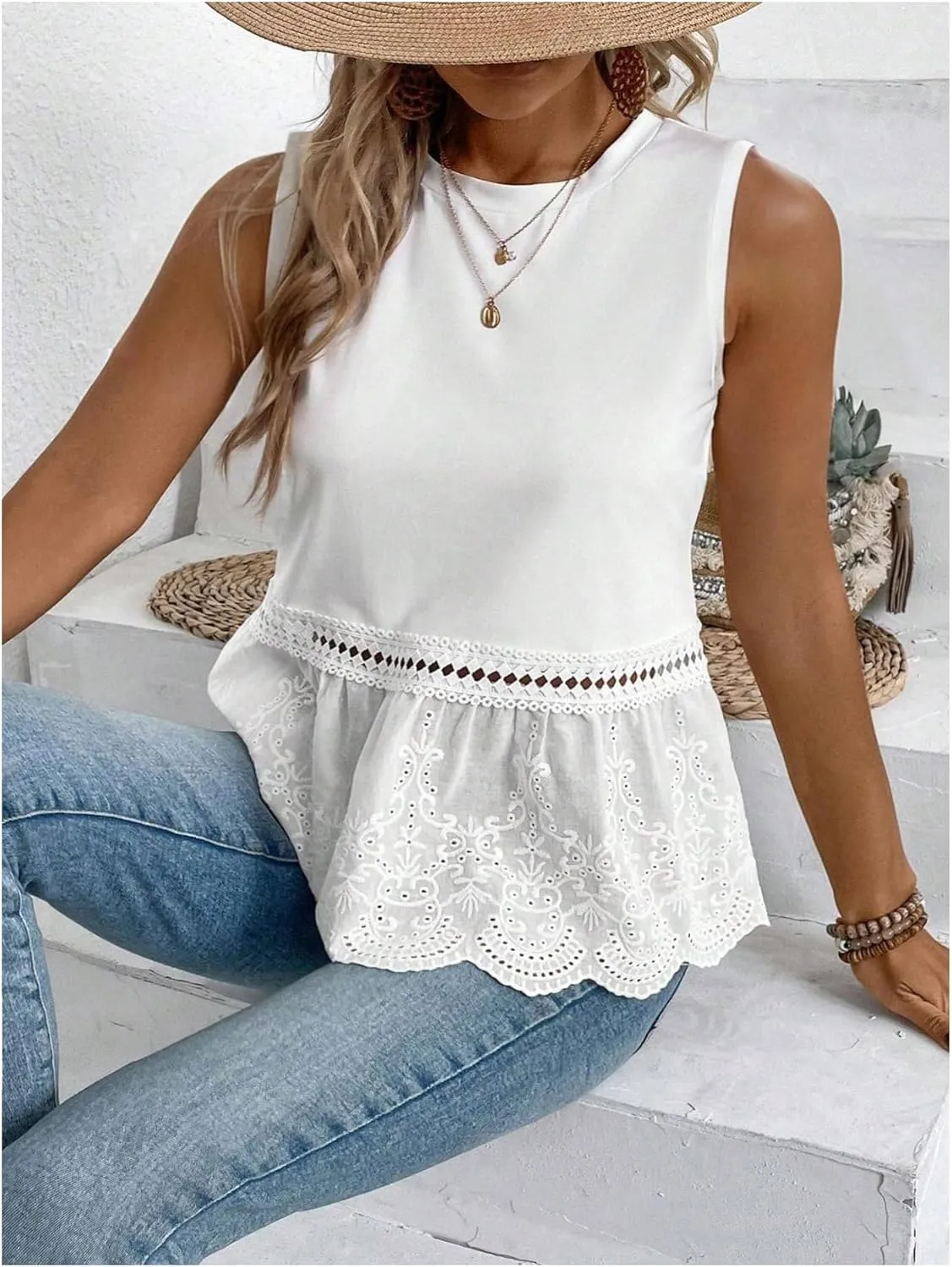 SweatyRocks Women's Plus Size Hollow Out Embroidery Sleeveless Crew Neck Ruffle Peplum Tank Tops