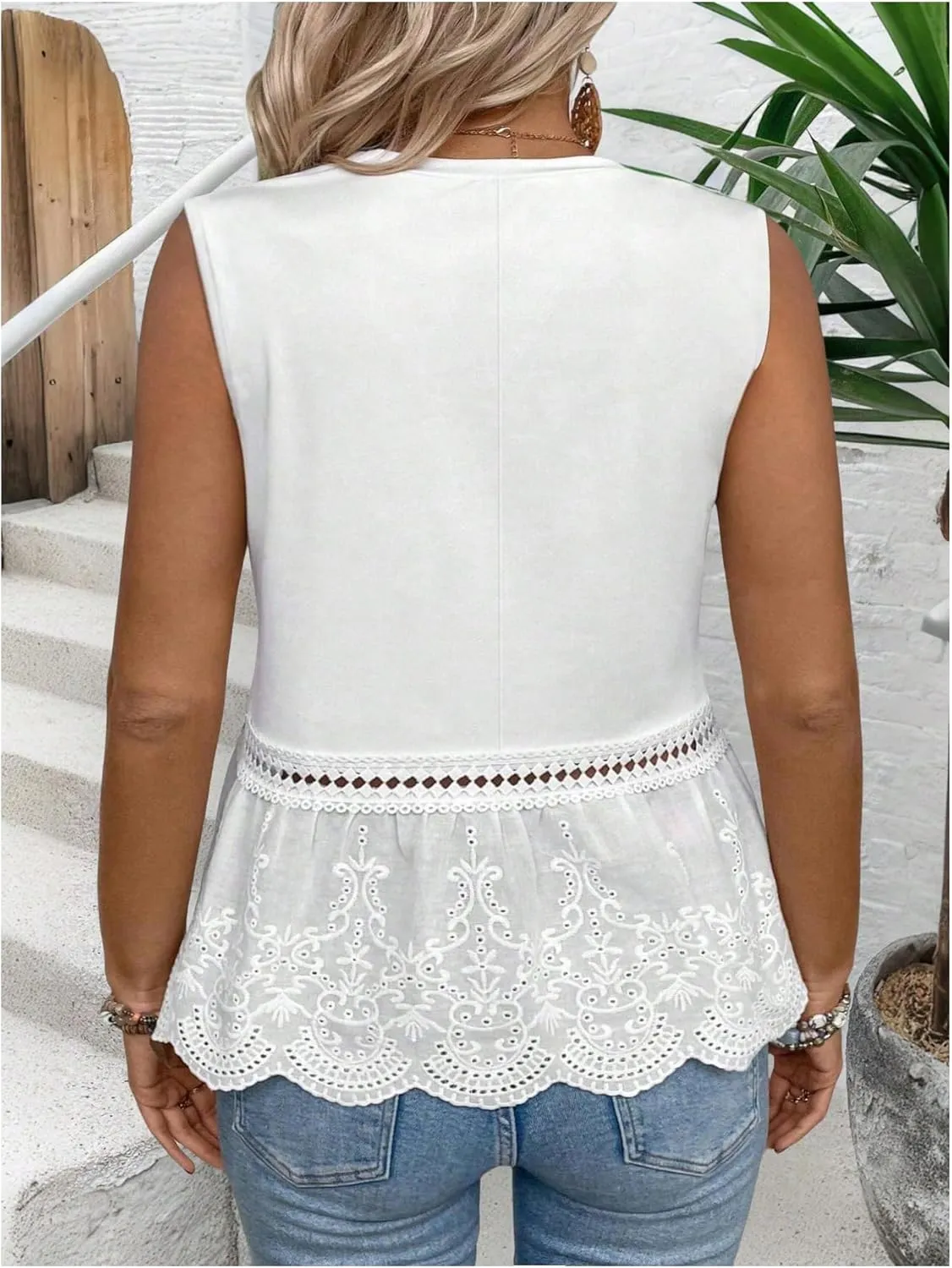 SweatyRocks Women's Plus Size Hollow Out Embroidery Sleeveless Crew Neck Ruffle Peplum Tank Tops