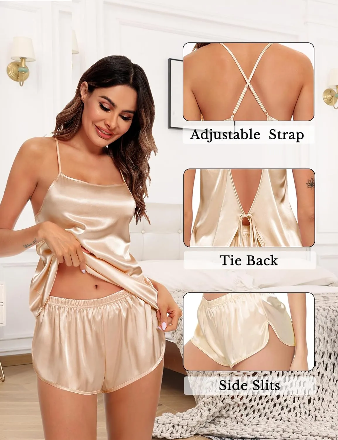 SWOMOG Womens 4pcs Pajamas Sets Silk Satin Pjs Sexy Cami Shorts Set Button Down Long Short Sleeve Sleepwear Loungewear