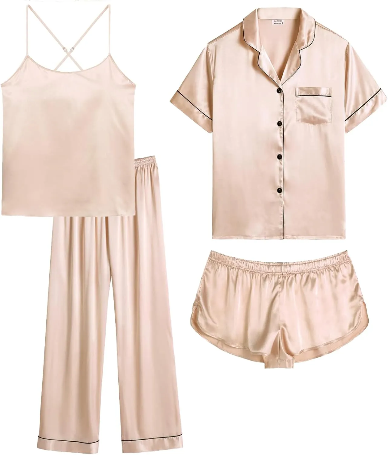 SWOMOG Womens 4pcs Pajamas Sets Silk Satin Pjs Sexy Cami Shorts Set Button Down Long Short Sleeve Sleepwear Loungewear