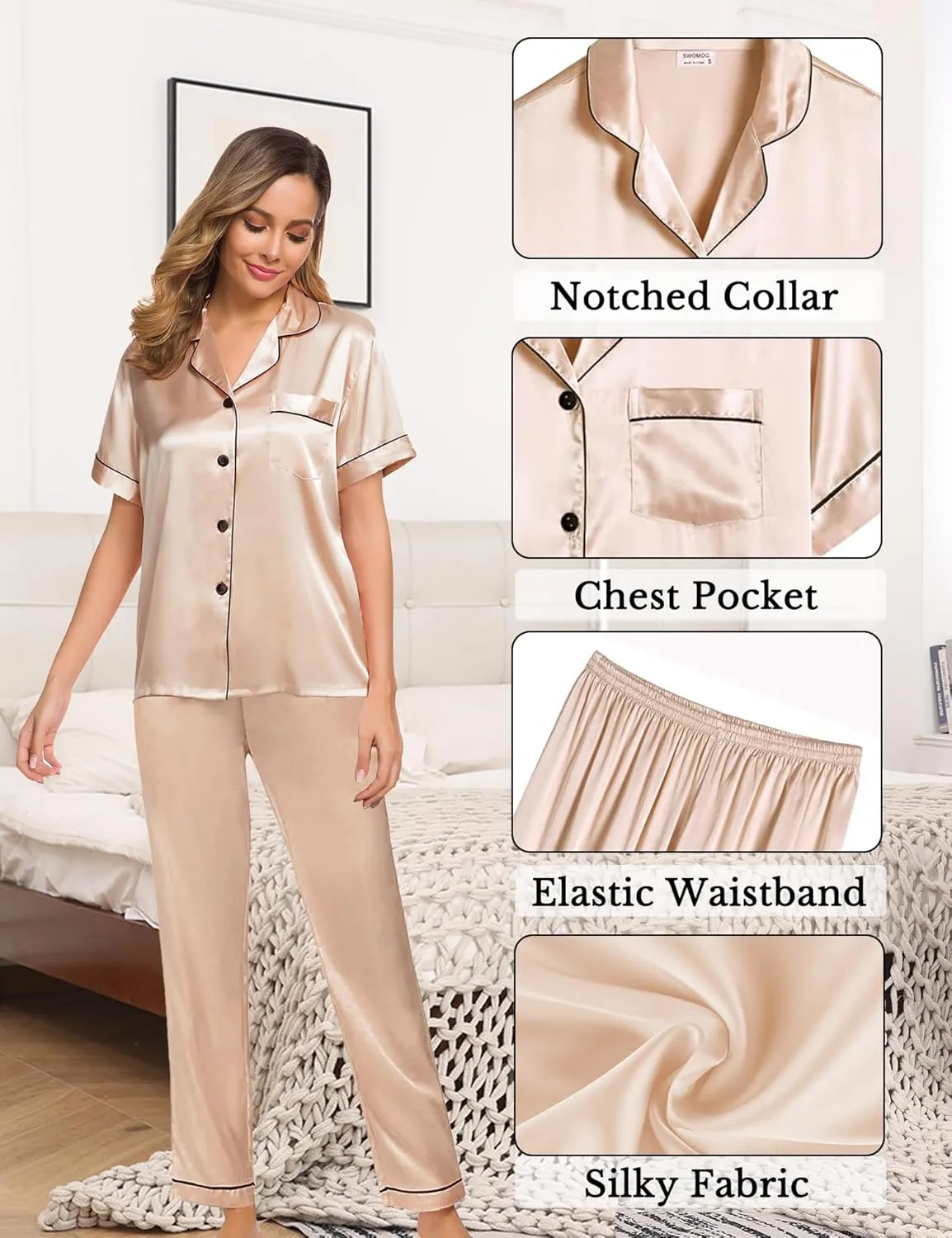 SWOMOG Womens 4pcs Pajamas Sets Silk Satin Pjs Sexy Cami Shorts Set Button Down Long Short Sleeve Sleepwear Loungewear