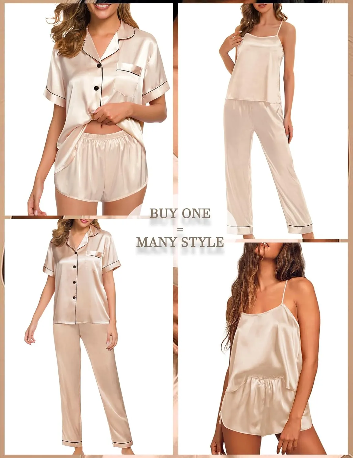 SWOMOG Womens 4pcs Pajamas Sets Silk Satin Pjs Sexy Cami Shorts Set Button Down Long Short Sleeve Sleepwear Loungewear