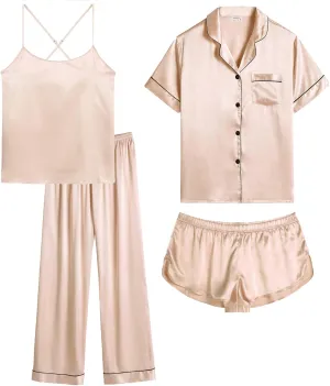 SWOMOG Womens 4pcs Pajamas Sets Silk Satin Pjs Sexy Cami Shorts Set Button Down Long Short Sleeve Sleepwear Loungewear