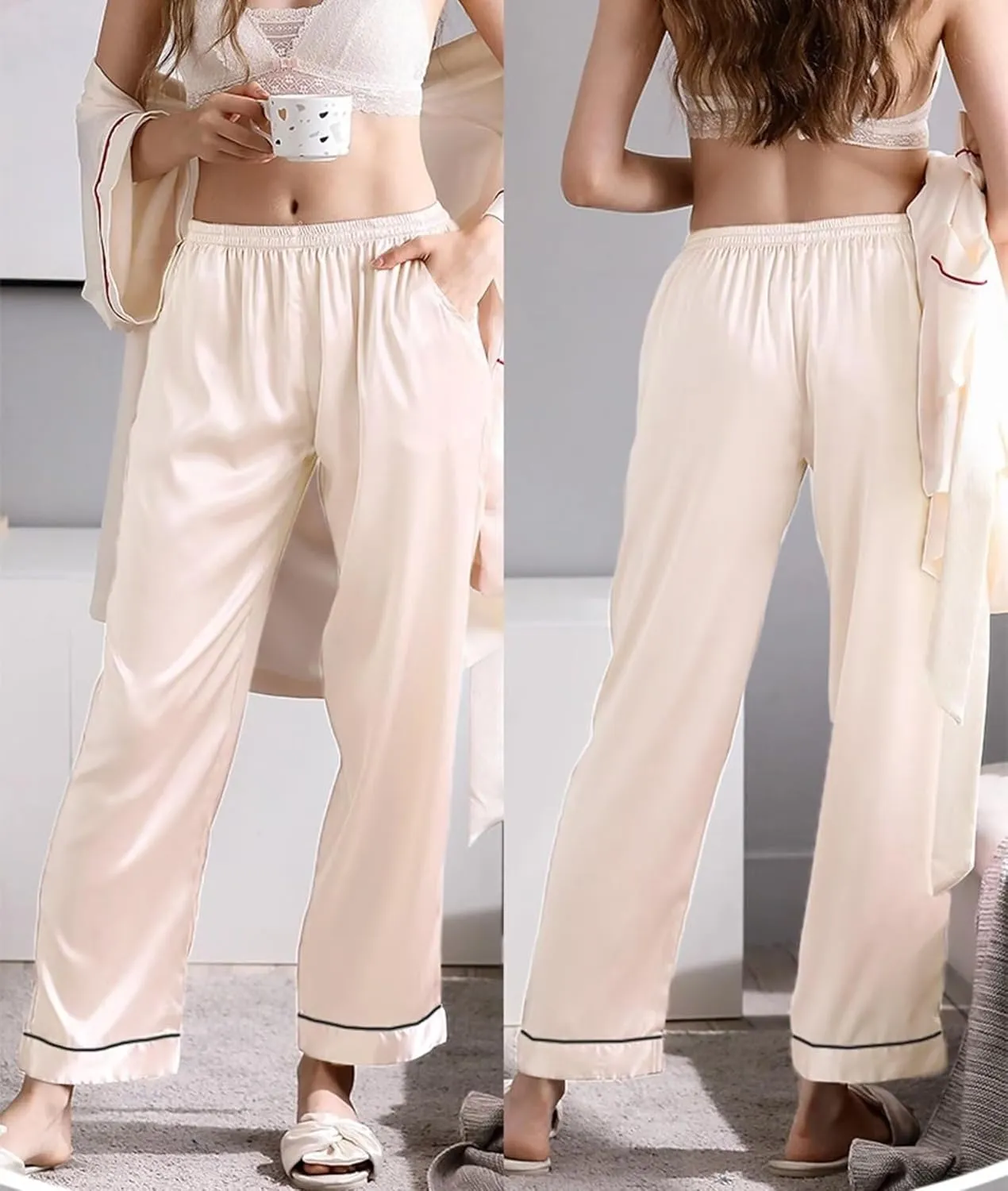 SWOMOG Women's Silk Satin Pants Wide Leg Pajama Bottoms Palazzo Lounge Pants Casual Loose Trousers Pj with Pockets