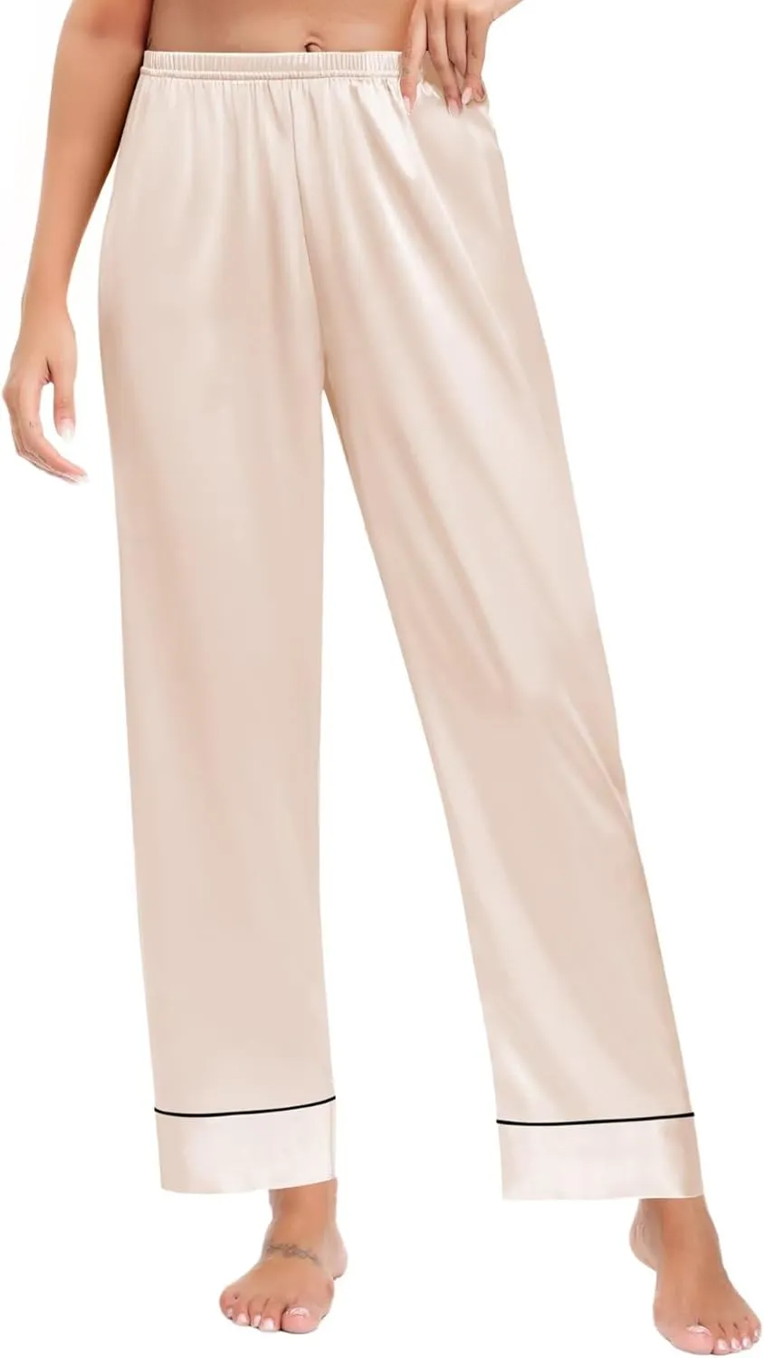 SWOMOG Women's Silk Satin Pants Wide Leg Pajama Bottoms Palazzo Lounge Pants Casual Loose Trousers Pj with Pockets