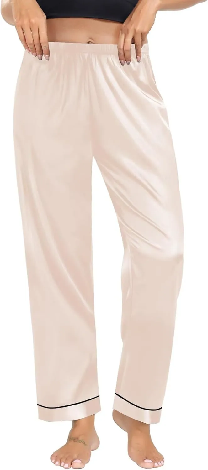 SWOMOG Women's Silk Satin Pants Wide Leg Pajama Bottoms Palazzo Lounge Pants Casual Loose Trousers Pj with Pockets