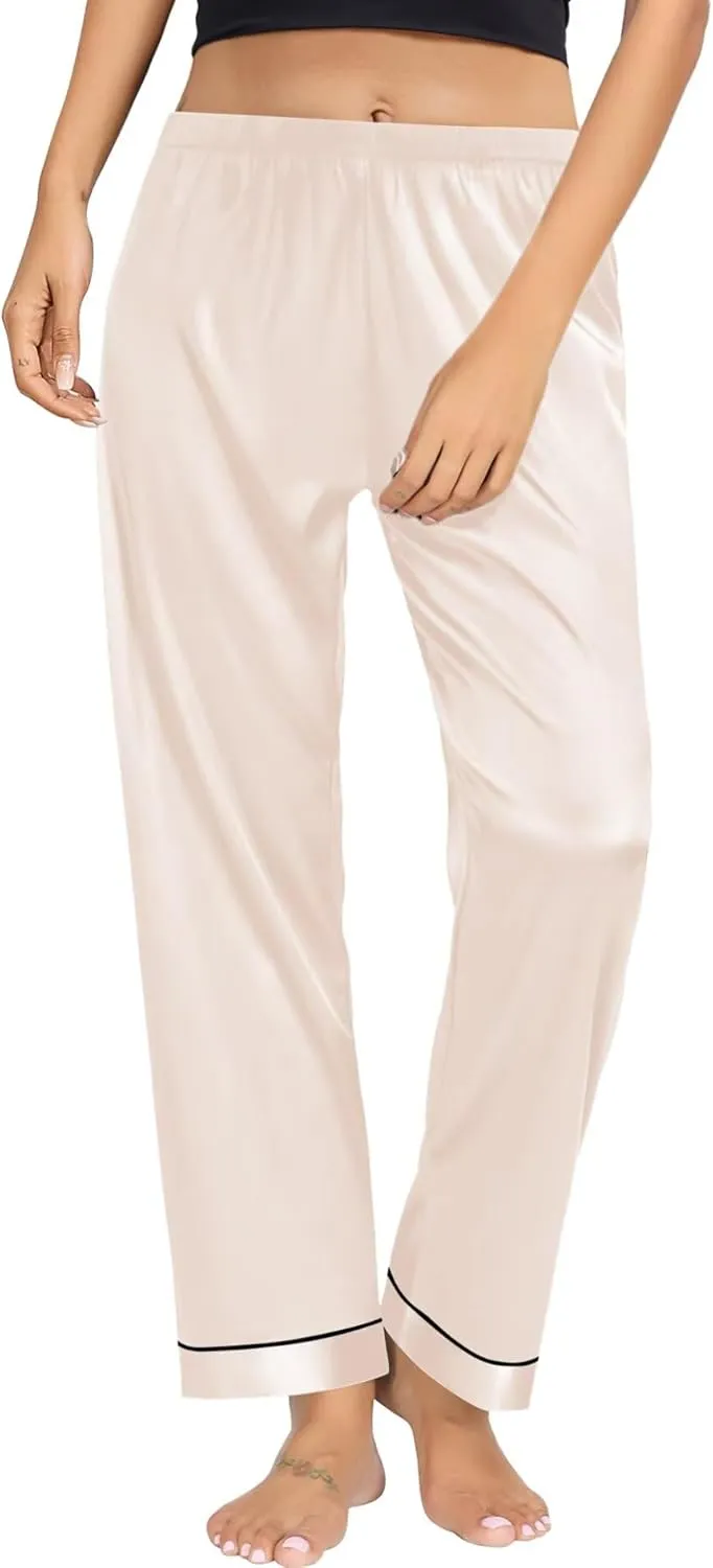 SWOMOG Women's Silk Satin Pants Wide Leg Pajama Bottoms Palazzo Lounge Pants Casual Loose Trousers Pj with Pockets